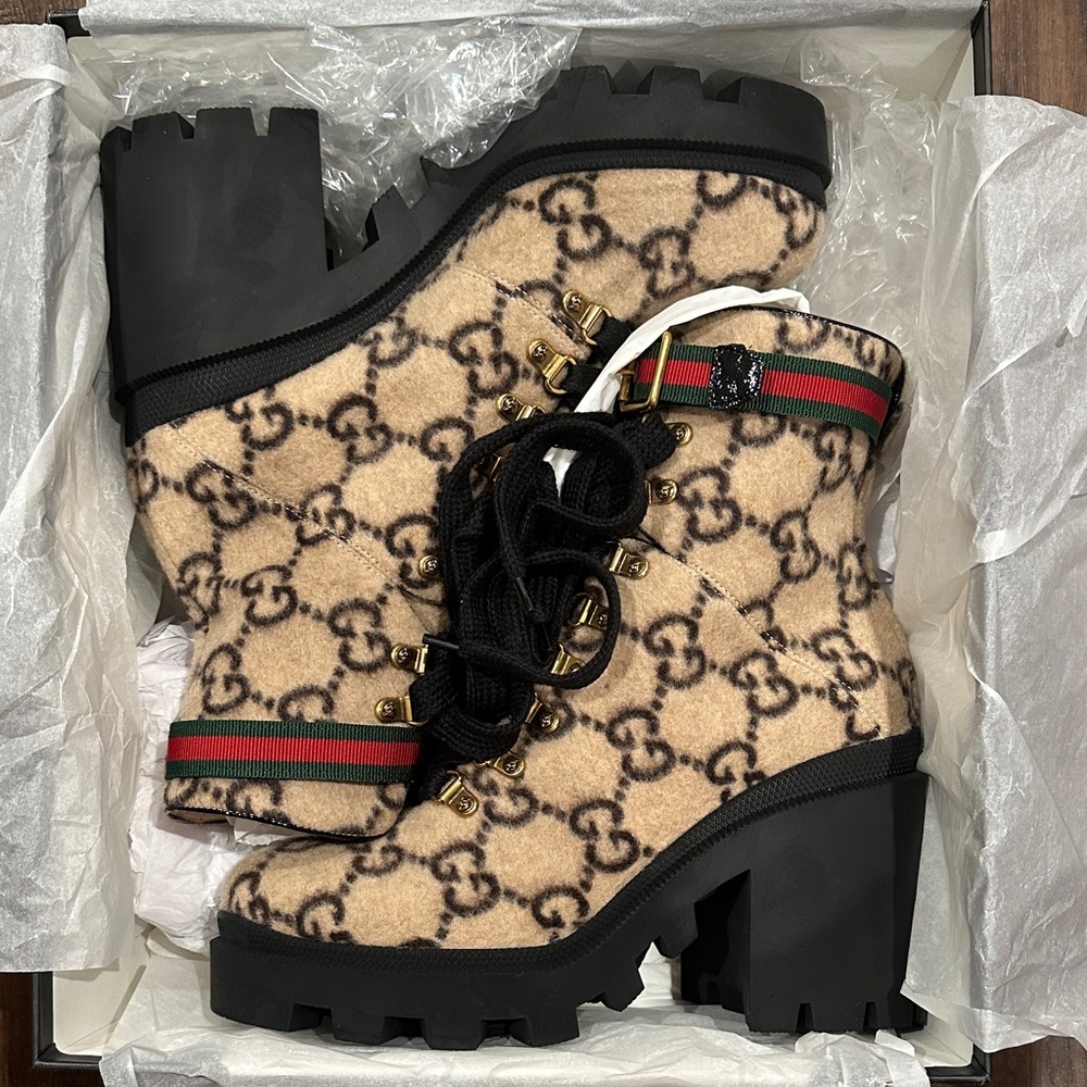 New Gucci Wool GG Monogram Lace Up Combat Boots Chunky Heel